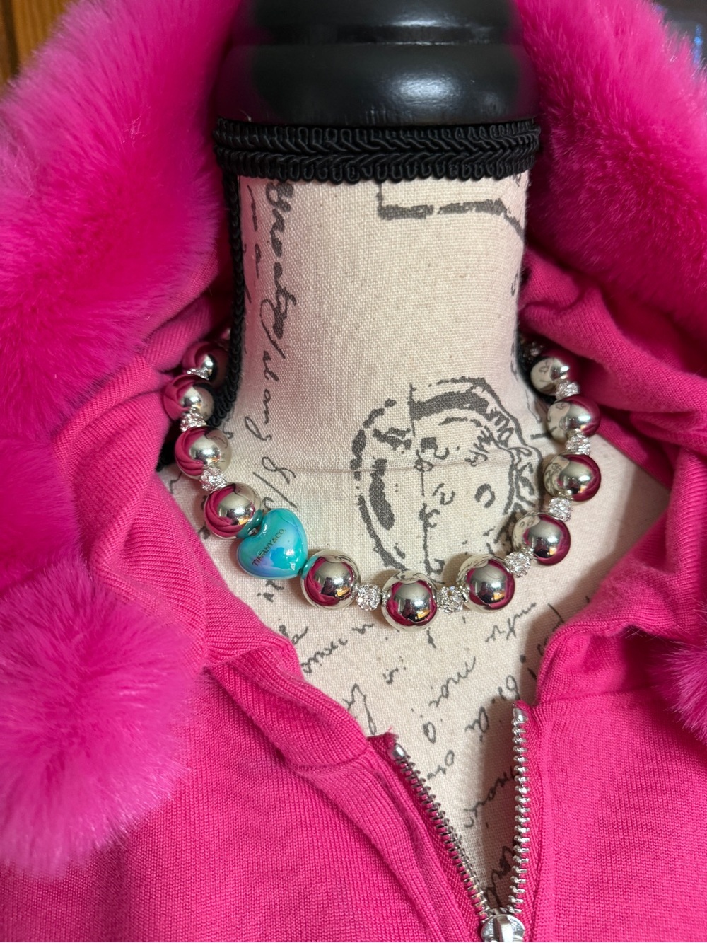 Tiffany & Co.  Silver Bead Necklace with Turquoise Heart Accent 18in